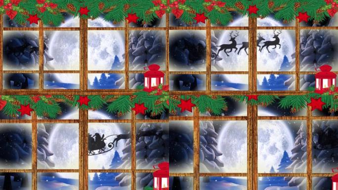 透过窗户看到的圣诞老人在雪橇上与驯鹿的动画