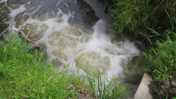 污水从管道流出并流入溪流的镜头