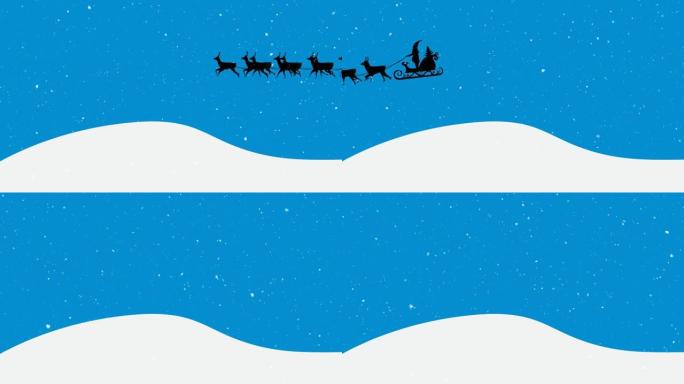 圣诞老人在雪橇上的动画，驯鹿在蓝色背景上的积雪上移动