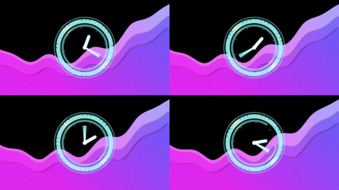 黑色背景上移动紫色波和时钟的动画