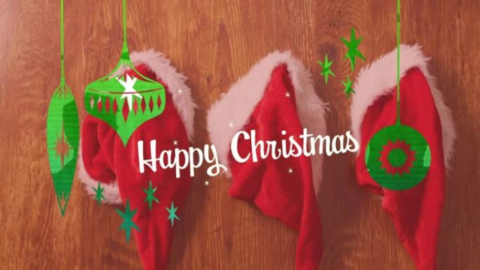 圣诞快乐的动画和木制背景上的圣诞老人帽子装饰