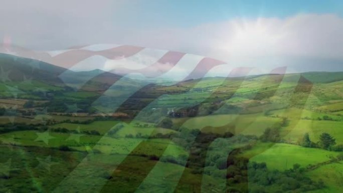 在草原的鸟瞰图上挥舞美国国旗的数字构图