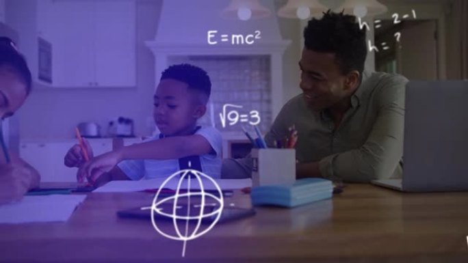 父亲帮助儿子和女儿做家庭作业的数学方程式动画