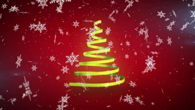 黄丝带和雪花形成的圣诞树动画