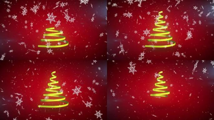 黄丝带和雪花形成的圣诞树动画