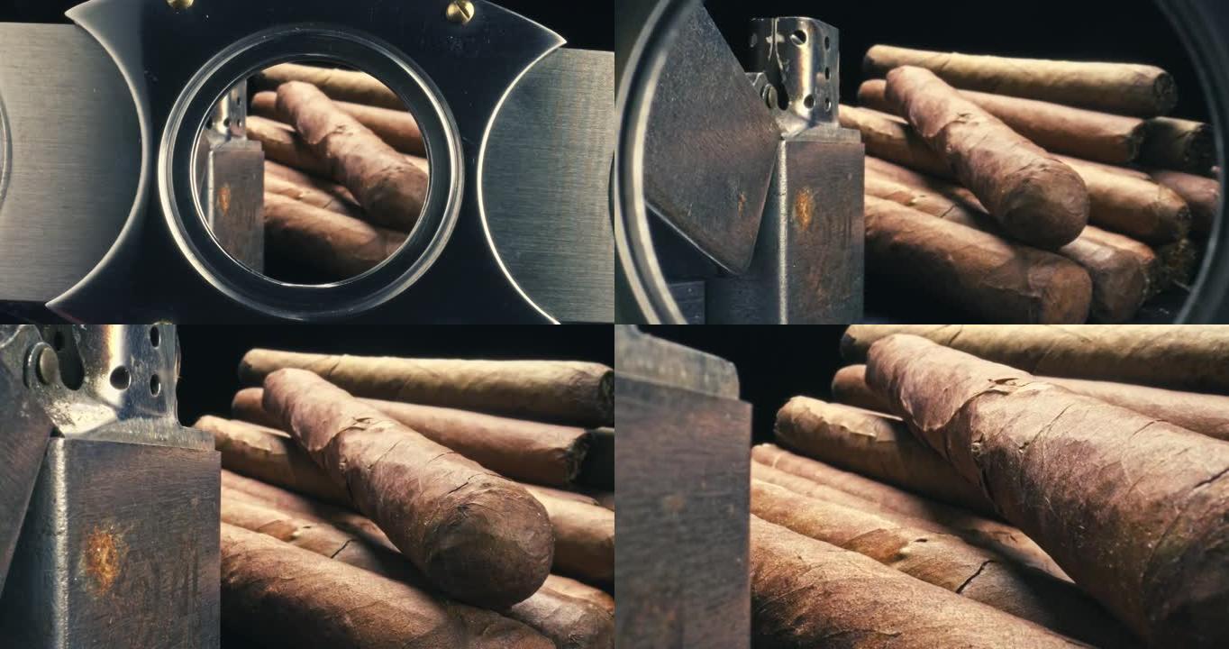 雪茄盒中的雪茄盒，通过雪茄盒切割器可以轻松观看。