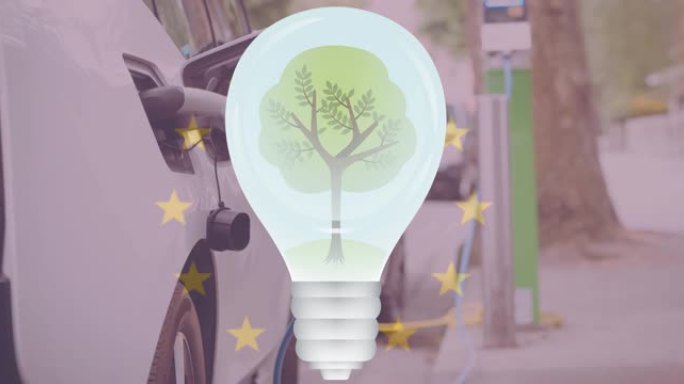 在欧盟旗帜上方的灯泡里的树和充电的电动汽车