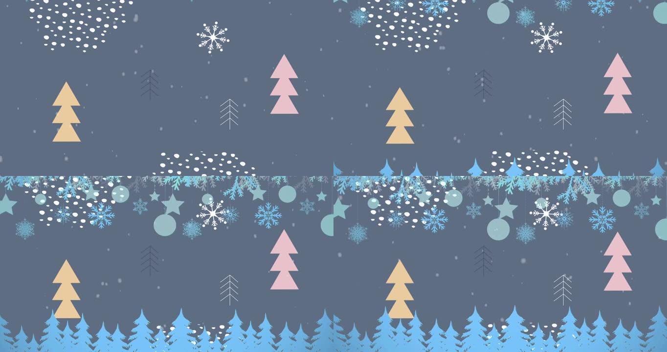 雪花落在圣诞树和装饰品上的动画