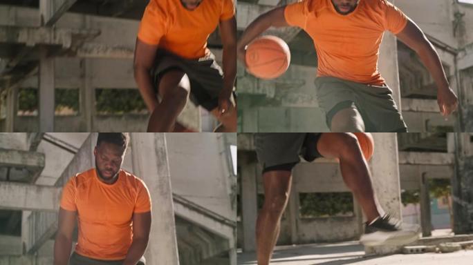 一个年轻人在城市背景下打篮球的4k录像
