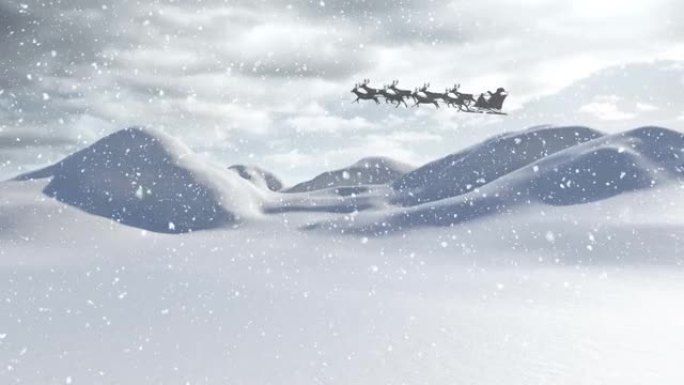雪落在雪橇上的圣诞老人上，被驯鹿拉向冬季景观