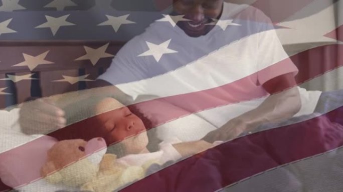 美国国旗的动画在非洲裔美国人的父亲给女儿读书