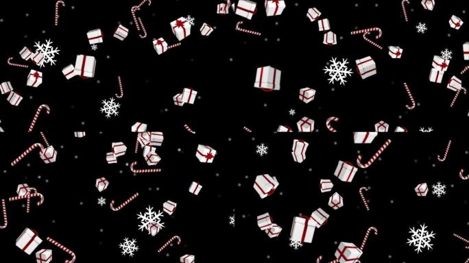圣诞礼物和雪落在黑色背景上的动画