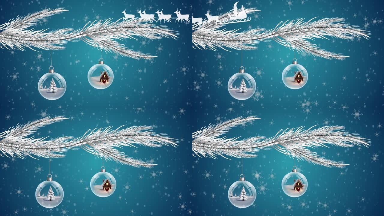 圣诞老人在雪橇上的动画，驯鹿在降雪和圣诞节小玩意上