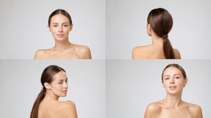 美丽的年轻女子，干净清新的皮肤站在浅灰色背景上