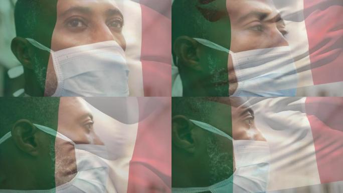 在covid 19大流行期间，意大利国旗挥舞着戴着口罩的男子的动画