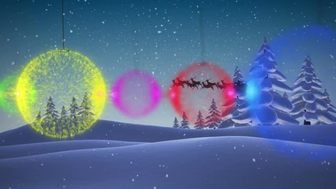 冬季风景下的降雪，圣诞树装饰，雪橇和雨鹿的动画