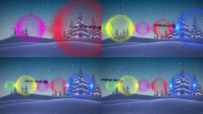 冬季风景下的降雪，圣诞树装饰，雪橇和雨鹿的动画