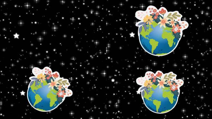 夜空上鲜花的地球仪动画
