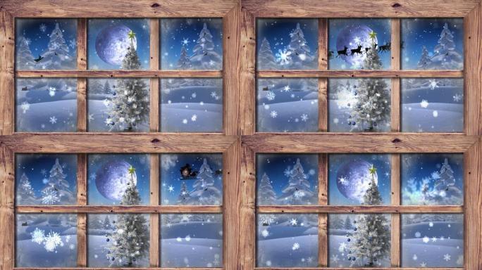 木制窗框抵御雪花落在冬季风景上的白色圣诞树上