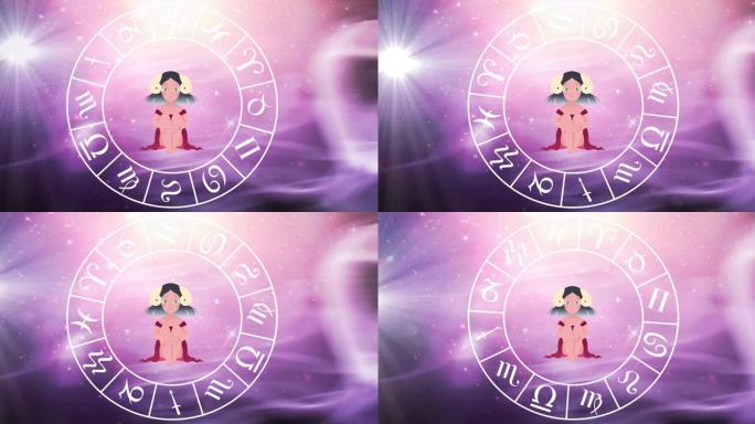 白羊座星星标志的动画，星座轮在蓝色到紫色背景上旋转星星