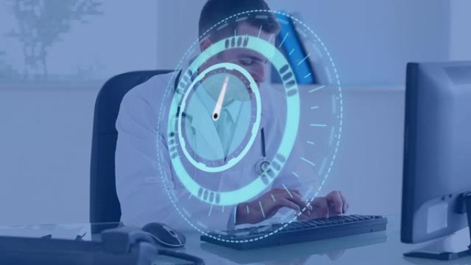 使用计算机在男性医生上快速移动的时钟动画