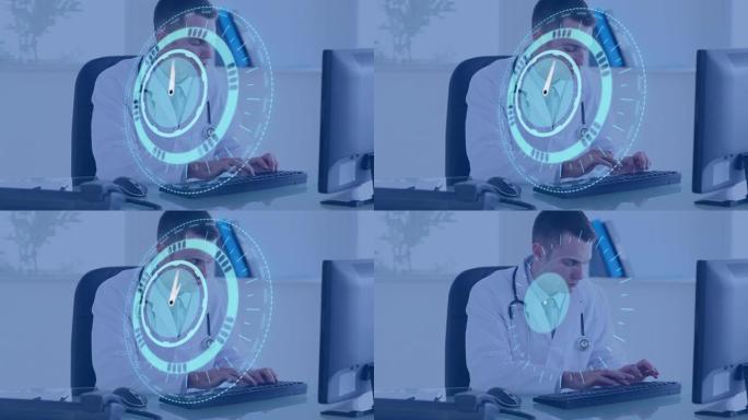 使用计算机在男性医生上快速移动的时钟动画