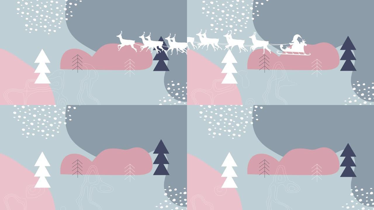 圣诞老人在雪橇上与驯鹿在矢量冬季景观上的动画