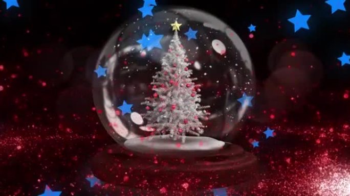 红色流星在雪球上的圣诞树上，面对漂浮的多个蓝色星星图标