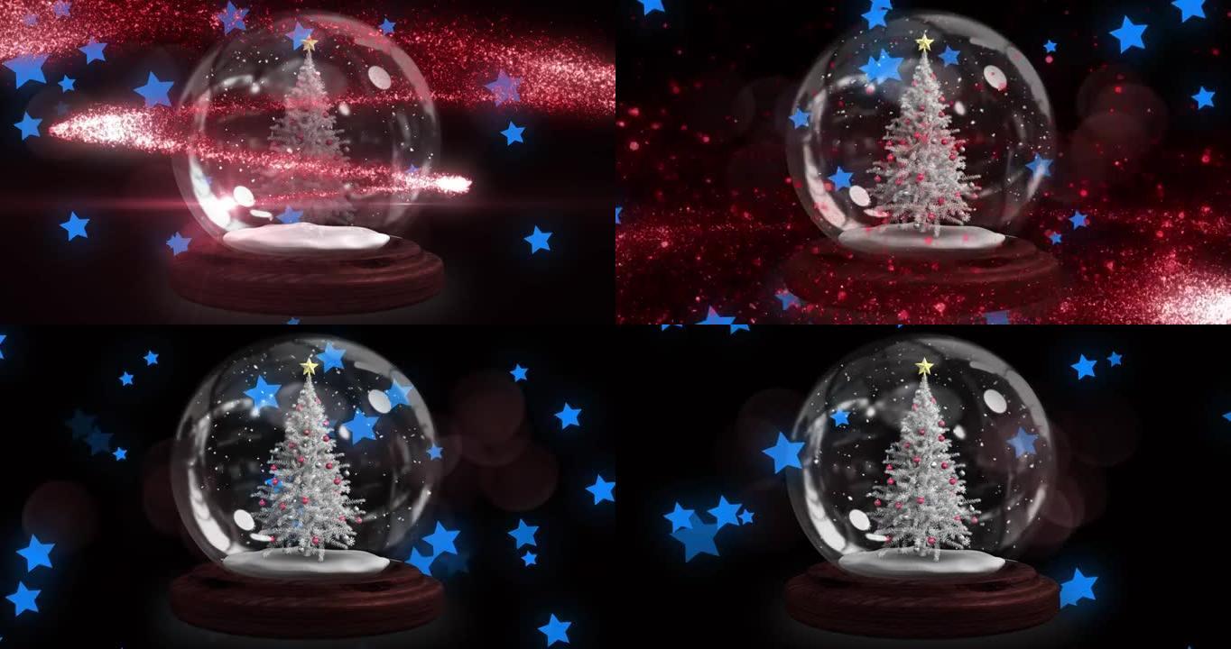 红色流星在雪球上的圣诞树上，面对漂浮的多个蓝色星星图标