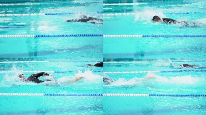 年轻人在比赛中游泳自由泳。