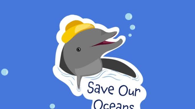蓝色背景上保存我们的海洋文本和海豚标志的动画