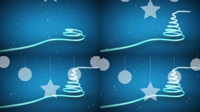 蓝丝带和雪花形成的圣诞树动画