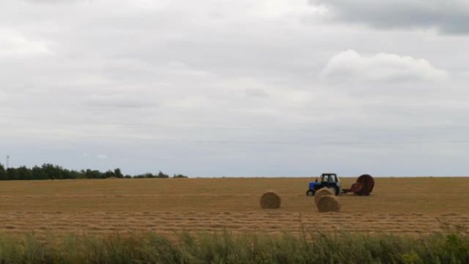 在收割谷物后，一架农用机械在倾斜的金色田野上搬运一捆捆的干草。拖拉机在麦田里收割。风景优美的农用地和