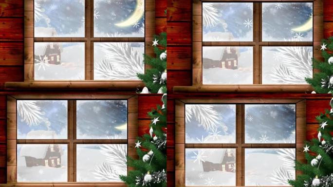 透过窗户看到圣诞仙女灯的雪落在房子上的动画