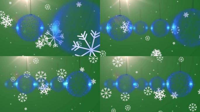 圣诞蓝色小玩意装饰落在绿色背景上的雪的动画