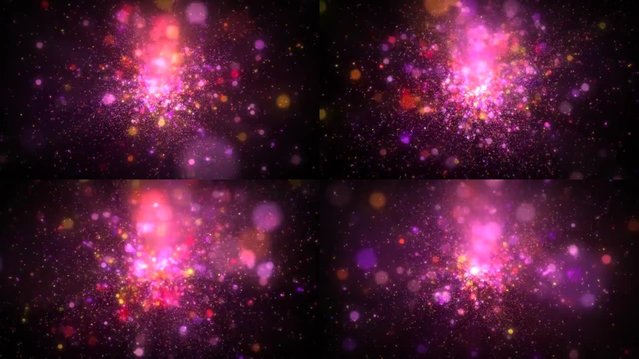 发光的粒子流动动画无缝VjLoop与美丽的Bokehs和灯光在大气。