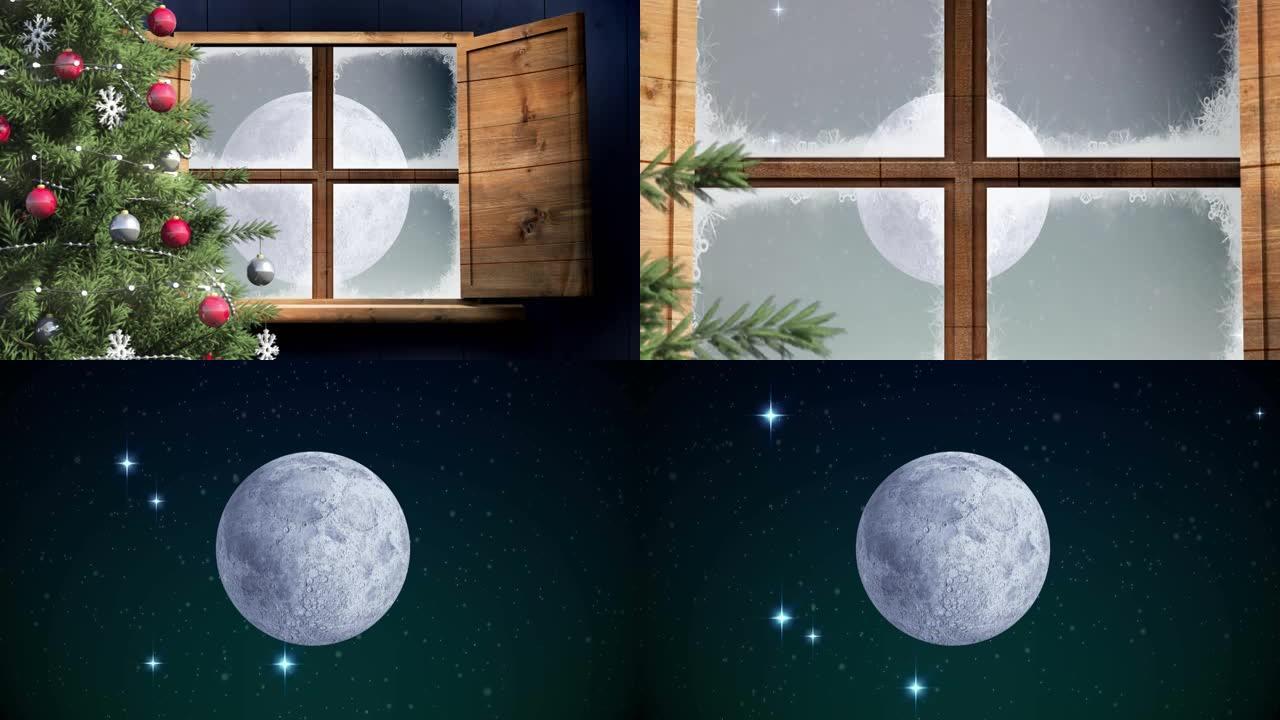 透过窗户看到的雪落在月亮上的动画