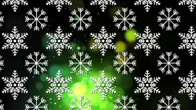 黑色背景上发光的多色斑点上的雪花动画