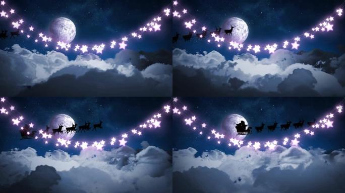 夜空上的圣诞老人雪橇和星星的动画