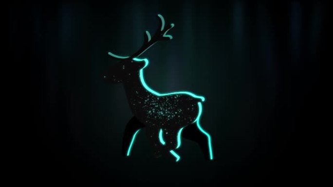 圣诞快乐的一只星星鹿。北极光，飘落的雪。他小跑。一个有圣诞老人礼物的团队。2d动画。循环