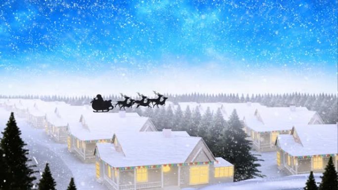 圣诞老人在雪橇上的动画与驯鹿在冬季小镇上的积雪上