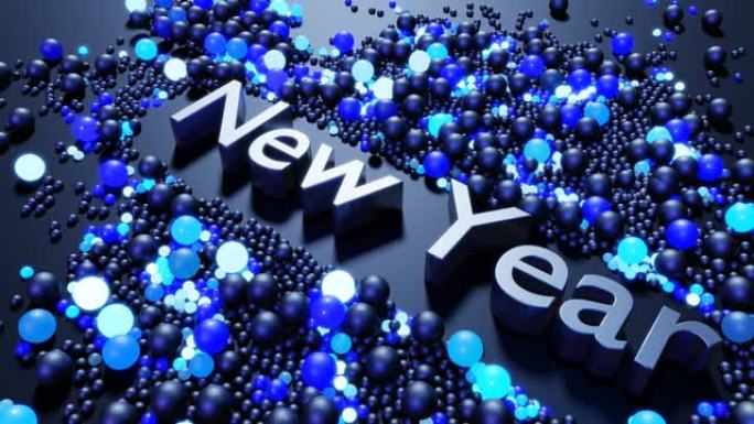 3D新年环形背景，刻有新年和花环，散落在平面上的球体点亮，形成美丽的图案。彩光闪烁的波浪。圣诞卡的霓