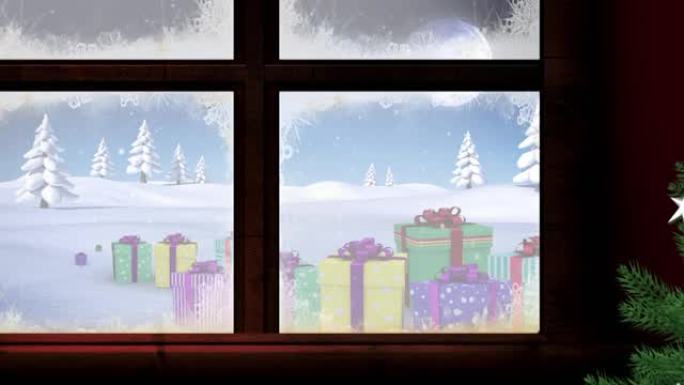 圣诞老人在冬季风景中的圣诞树动画