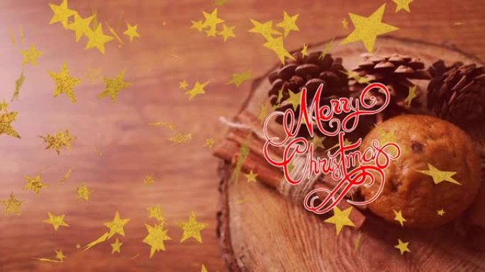 星星落在木制背景上的动画，带有装饰和圣诞快乐的文字