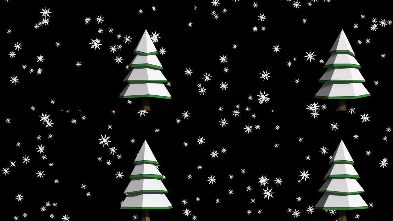黑色背景上的雪落在枞树上的动画