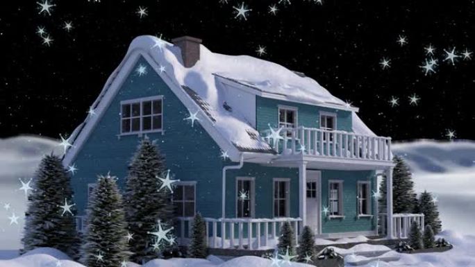 冬季景观中积雪落在房屋上的动画