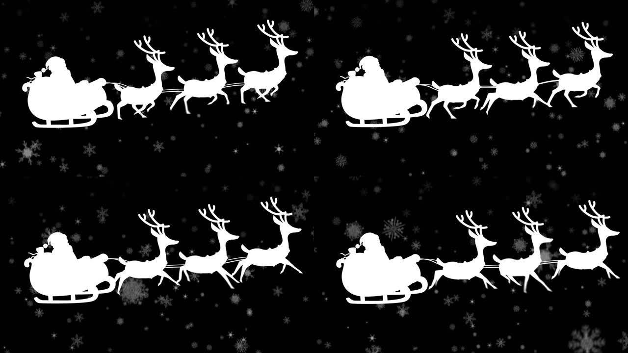 雪橇上的圣诞老人被驯鹿拉着，面对落在黑色背景上的雪花图标