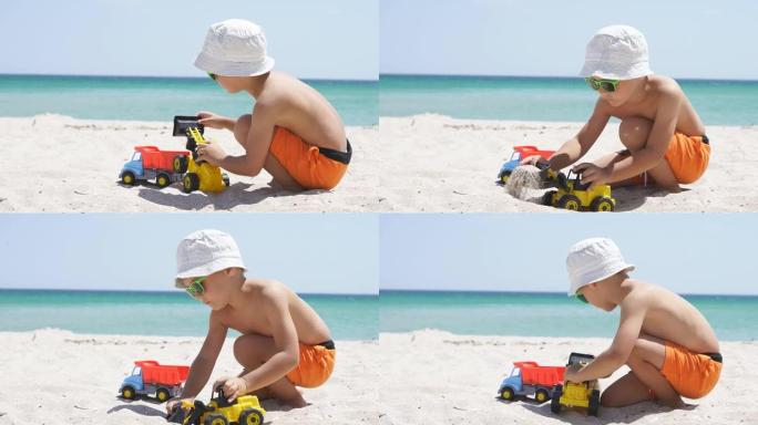 穿着短裤，戴着巴拿马帽子和太阳镜的男孩在沙滩上玩汽车，在阳光明媚的日子里，在美丽的蔚蓝大海和天空的背
