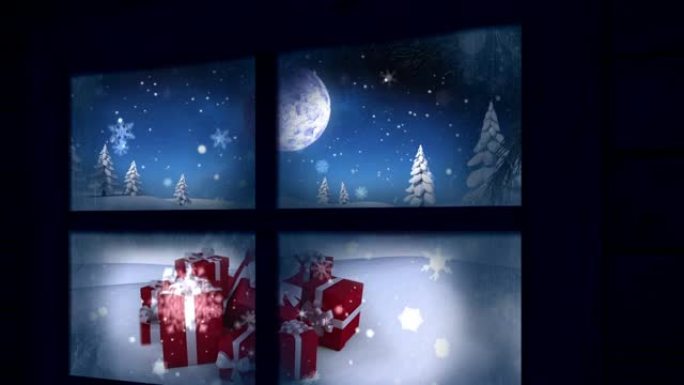 冬季景观上多个圣诞节礼物上的雪窗框