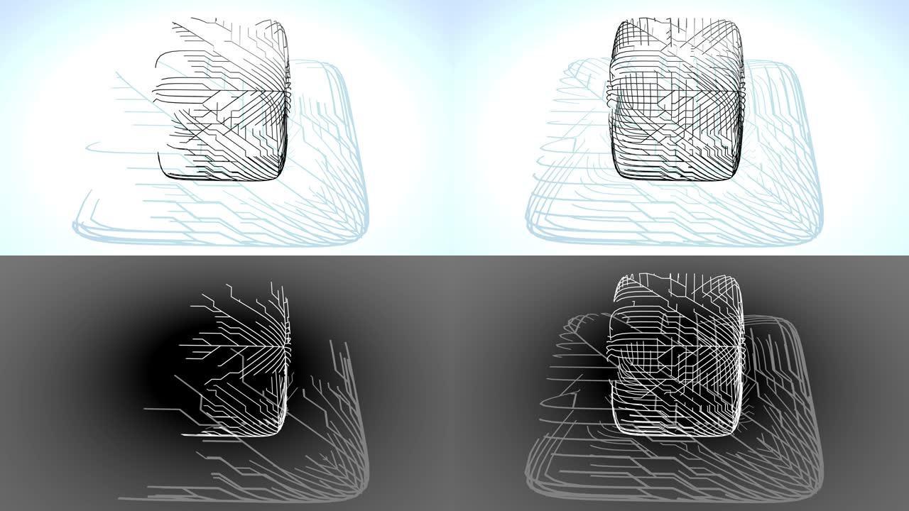 4k白色bg上的抽象黑色线框。Ai不断增长的线的几何图案形成立方体，计算分支，节点和交点。通过人工智